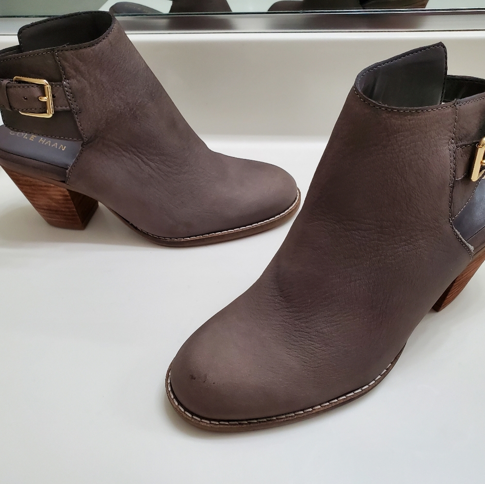 Cole Haan Women's Gray Leather Ankle Booties with Buckle